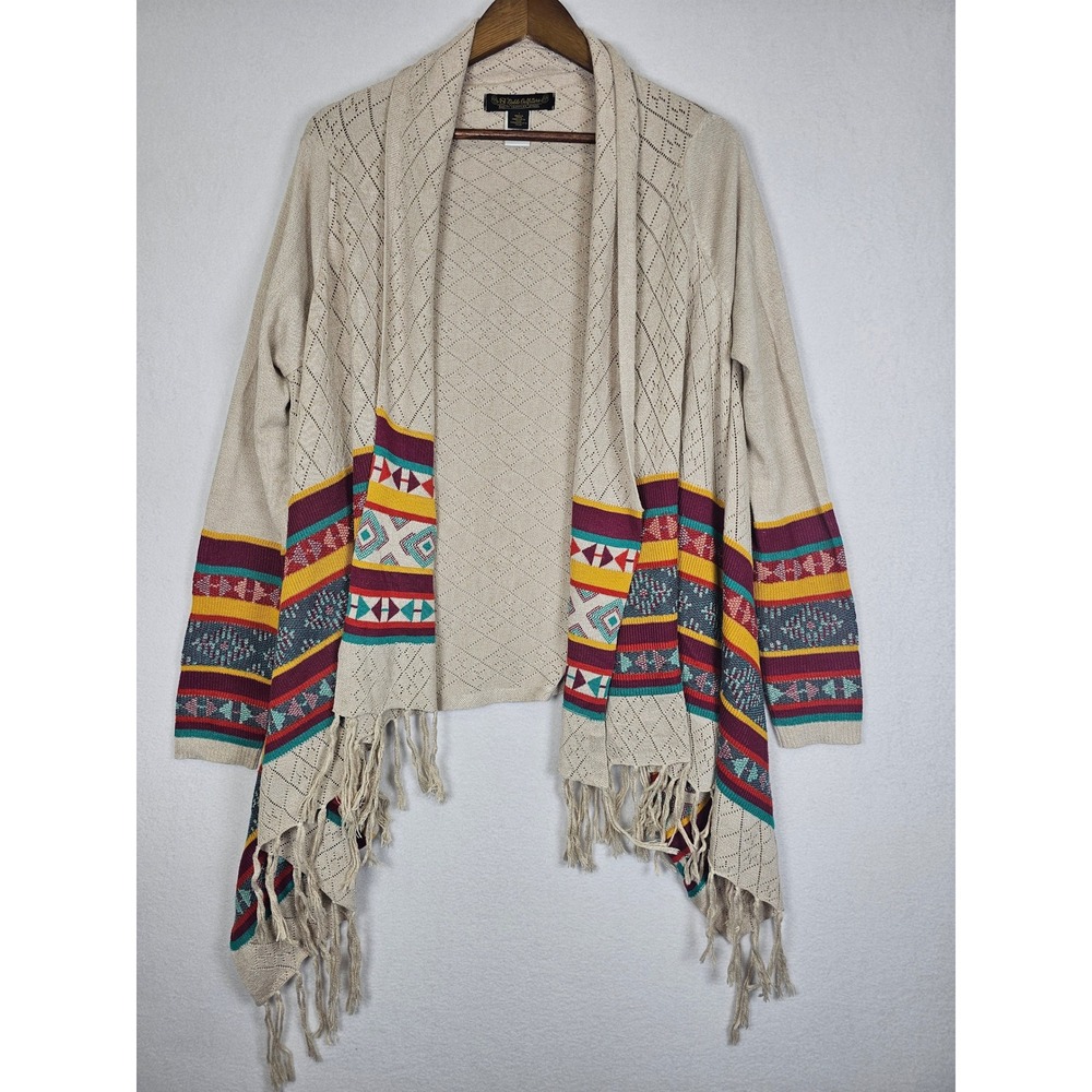 Boho Noble Outfitters Southwestern Cardigan Womens L Beige Fringe Open Front
